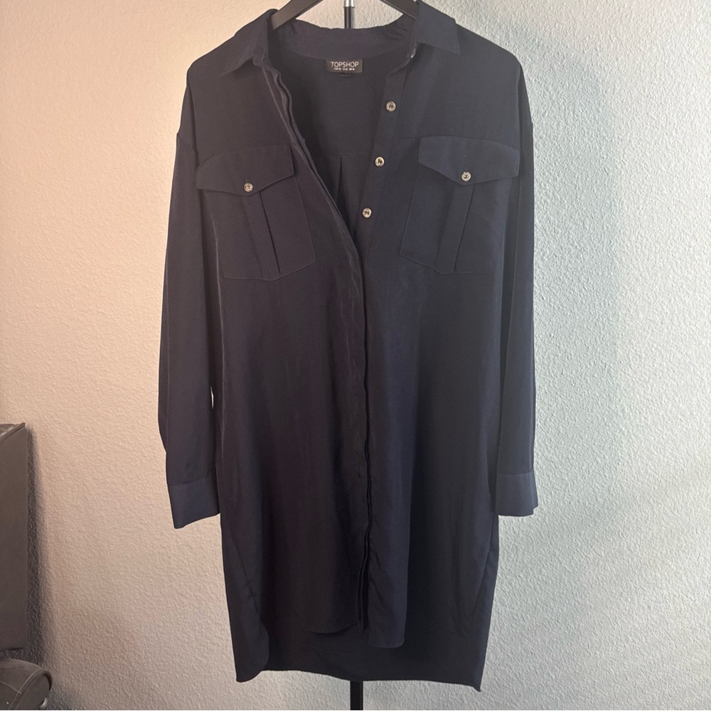 TopShop Navy Long Sleeve Collared Button Down Shirt Dress Sz 10 Womens
